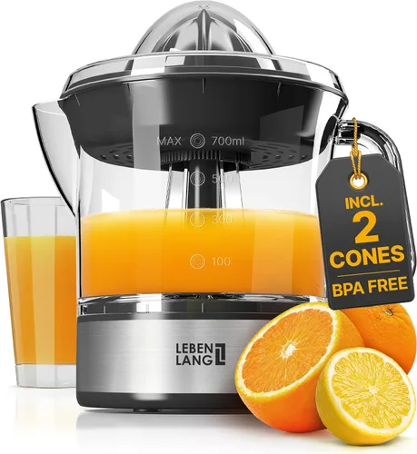 Vista 7 de LEBENLANG Exprimidor de cítricos eléctrico con alto rendimiento de jugo Exprimidor de jugo de naranja 200W + 2 conos Exprimidor de limones