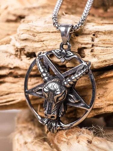Vista 3 de HAQUIL Collar de Baphomet de acero inoxidable colgante de cabra sabbatic invertido cadena de caja