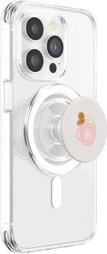 Vista 3 de Festive Sip - Taza de copo de nieve rosa con diseño de pan de jengibre Joy PopSockets MagSafe PopGrip para iPhone