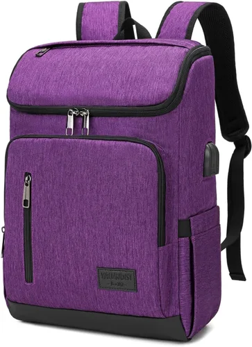 Vista 9 de YALUNDISI - Mochila vintage con puerto de carga USB para mujeres y hombres para laptop y viajes, Negro, 15,6 pulg.