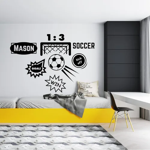 Vista 19 de Calcomanía personalizada con jugador de fútbol que pasa una pelota y una pelota enorme, decoración de fútbol de larga duración para la habitación