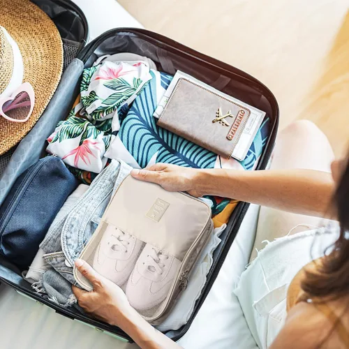 Vista 5 de Windyun 2 bolsas de zapatos para viaje con capacidad para 3 pares de zapatos, bolsa de zapatos de viaje para empacar cubos de zapatos portátiles
