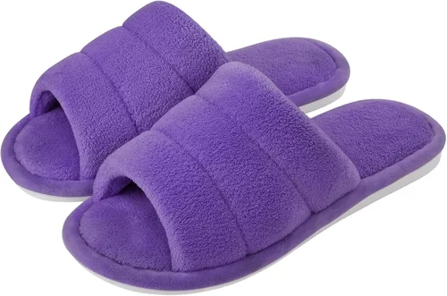 Vista 2 de shevalues Pantuflas de tela de rizo con punta abierta para mujer, pantuflas de espuma viscoelástica