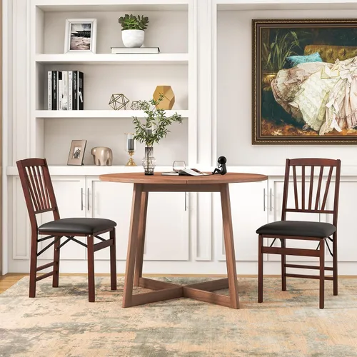 Vista 2 de COSTWAY Juego de 2 sillas de comedor plegables de madera maciza con asiento Marrón y listón