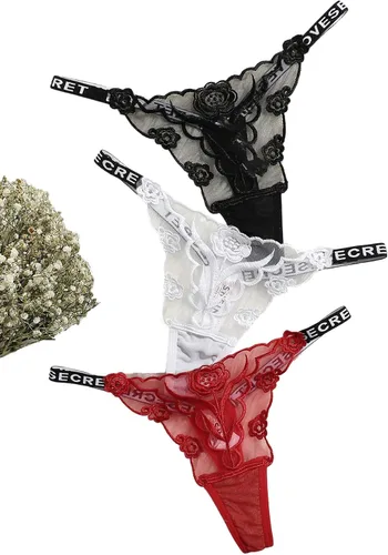 Vista 5 de Floerns Paquete de 3 bragas bordadas de malla con tiras en V para mujer