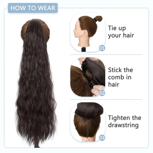 Vista 5 de Cola de caballo larga y rizada con cordón para mujer, extensión de cola de caballo sintética con clip de 32 pulgadas, cola de caballo con cordón