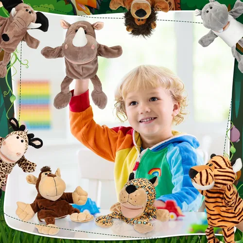 Vista 7 de Lenwen Juego de 10 títeres de mano de animales para niños, juguetes de selva de felpa suave con boca abierta y movible, amigo, safari, vida