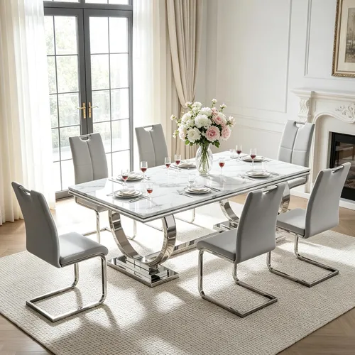 Vista 21 de Juego de mesa de comedor de mármol para 4, mesa de cocina rectangular de mármol blanco de 70 pulgadas con base en O de acero inoxidable dorado