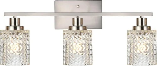 Vista 15 de MELUCEE Aplique de pared de 2 luces con pantalla de vidrio martillado, luces de baño de níquel cepillado sobre el espejo, accesorios de iluminación