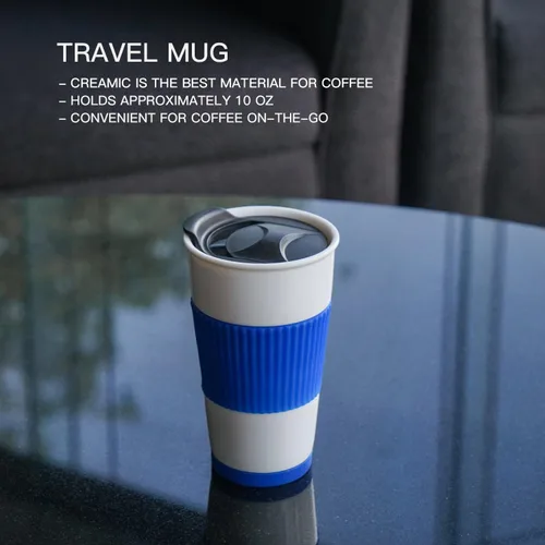 Vista 4 de Taza de café de viaje de cerámica de doble pared aislada con tapa deslizante, funda de silicona y portavasos incorporado, 10 fl.oz (Azul)