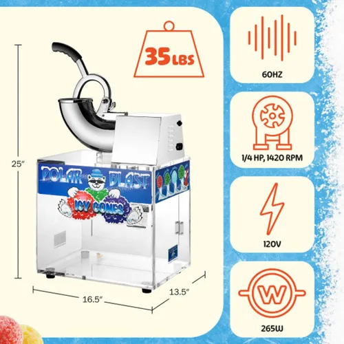Vista 2 de Máquina de conos de nieve Polar Blast - Fabricante de hielo triturado acrílico, tritura hasta 500 libras de hielo por hora para fiestas, eventos