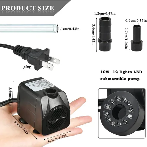 Vista 2 de BUYGOO Bomba sumergible de fuente de 10 W, 160 GPH con luz LED, ultra silenciosa, pequeña fuente de agua para exteriores, para estanque al aire