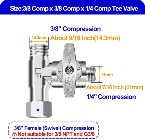 Vista 2 de Tee Stop Valve - 3/8 "Compx3/8" Compx1/4" Comp Tee para refrigerador/máquina de hielo Lead-Free Water Splitter,for Adding a Branch on Existing