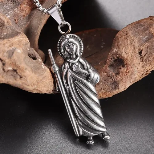 Vista 2 de Paquete de 2 collares con colgante de plata de ley 925 San Judas Tadeo con cadena de San Judas Tadeo cadena de san judas tadeo para hombre San Judas