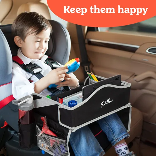 Vista 2 de PILLANI Bandeja de viaje para niños para el coche - Bandeja para asiento de coche para niños, artículos imprescindibles para viajes por carretera
