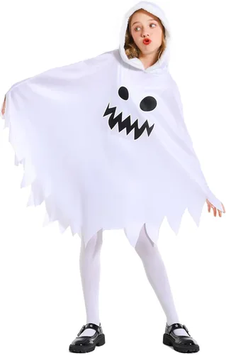 Vista 4 de IBQ Disfraz de fantasma para niños, disfraz de Halloween que brilla en la oscuridad, disfraz de fantasma blanco para cosplay, capa espeluznante