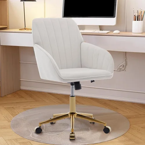 Vista 4 de Silla de escritorio de oficina de terciopelo con ruedas y base dorada, moderna silla giratoria ajustable, sillas de tocador tapizadas con brazos