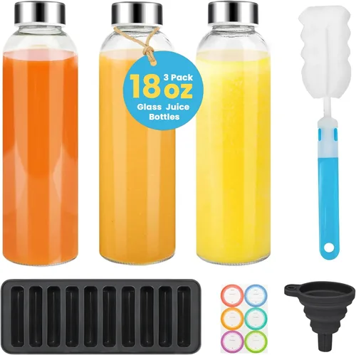Vista 13 de PROBTTL Botellas de vidrio para jugo de 18 onzas con tapas, botellas de agua de vidrio transparente recargables con tapas herméticas de acero