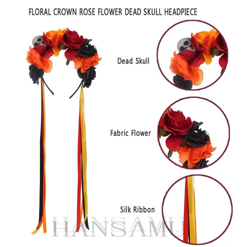 Vista 2 de Diadema floral del Día de los Muertos con calavera mexicana, corona de rosas para mujeres y niñas, disfraz de Halloween (naranja, negro y rojo)