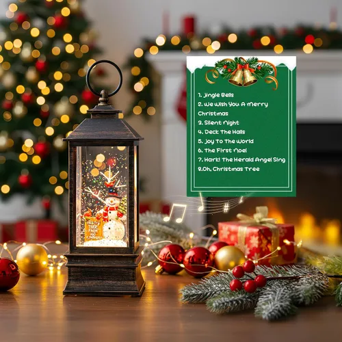 Vista 3 de Globo de nieve de Navidad con agua brillante de muñeco de nieve con música y temporizador, linterna iluminada con pilas para regalos de decoración