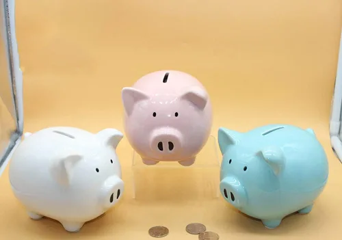 Vista 4 de Divertida alcancía de cerdo para ahorrar dinero, banco de cerámica personalizado para niños, niñas, niños, adolescentes, adultos, decoración de Azul