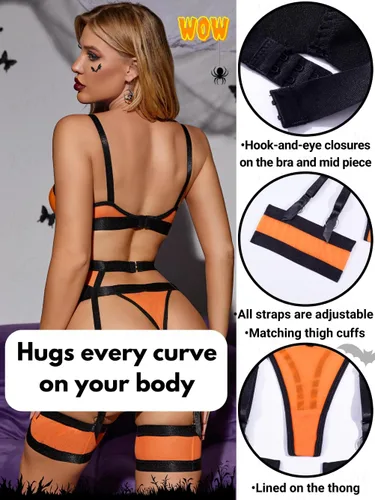 Vista 124 de Kaei&Shi - Lencería con liguero para mujer, conjunto de encaje traslúcido y sexy de 4 piezas combinadas