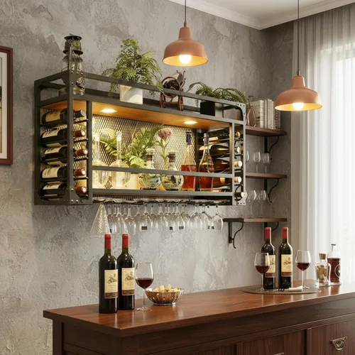 Vista 5 de Estantes de vino de pared de 31.4 pulgadas, estante de vino colgante, soporte de vino de gran capacidad, se puede colgar o montar en la pared, tipo