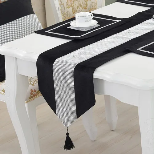 Vista 8 de Camino de mesa largo con lentejuelas y diamantes de imitación y borlas para comedor, Navidad, boda, fiesta, decoración de mesa