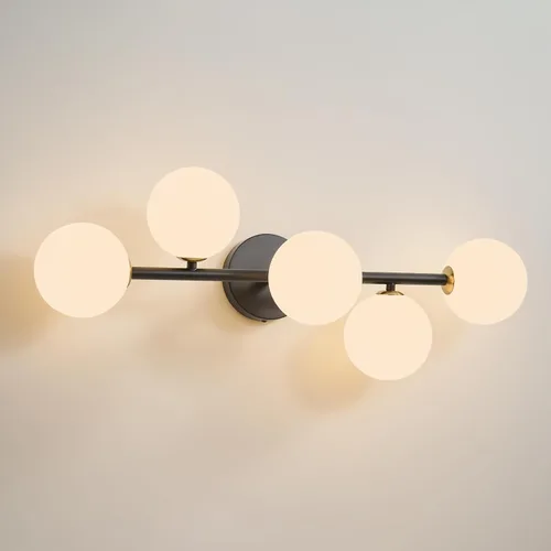 Vista 13 de Luminarias de Espejo de Tocador de Baño: Aplique de Pared de Baño Regulable de 5 Luces - Luces de Tocador de Latón Dorado con Pantalla de Vidrio