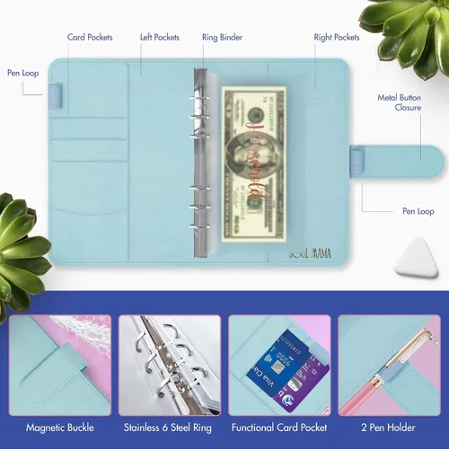 Vista 4 de SOUL MAMA Carpeta de presupuesto con sobres de efectivo, organizador de dinero azul para efectivo, carpeta A6 para presupuesto, carpeta de ahorro