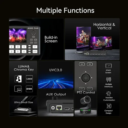 Vista 2 de Mixer Plus Compact Video Switcher 4 HDMI with 4''Built-in Screen, Portable Live Streaming Switcher for Multi-Camera, Online Class, Event, YouTube