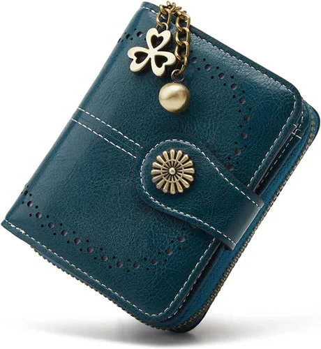 Vista 9 de Cartera pequeña para mujer, de piel, plegable, compacta, con bloqueo RFID, con bolsillo con cremallera para monedas, A01 Rojo Vino, Classic