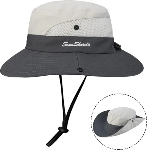 Vista 4 de Sombrero de pesca de playa de ala ancha para mujer, con protección UV, plegable, con agujero para cola de caballo