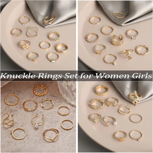Vista 7 de Juego de 68 anillos para nudillos dorados para mujeres y niñas apilables bohemios para articulación media de cristal tallado plateados con orificios