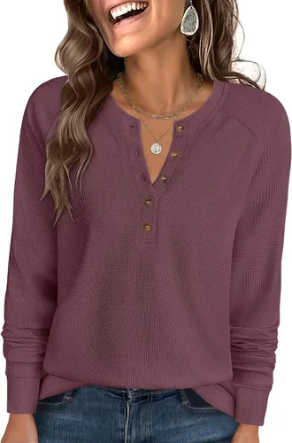 Vista 11 de ANRABESS Camisas de manga larga Henley de punto gofre para mujer Negro