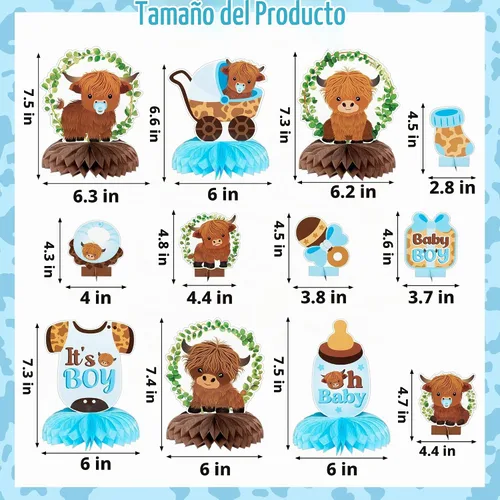 Vista 2 de 12 centros de mesa de nido de abeja de vaca de las tierras altas azules, decoración de mesa de ganado de las tierras altas, decoración de mesa