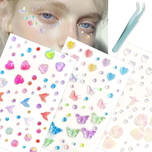 Vista 13 de NOOEPC Calcomanías de diamantes de imitación de corazón para rostro, calcomanías de lazo esenciales para festivales, accesorios de rave, calcomanías