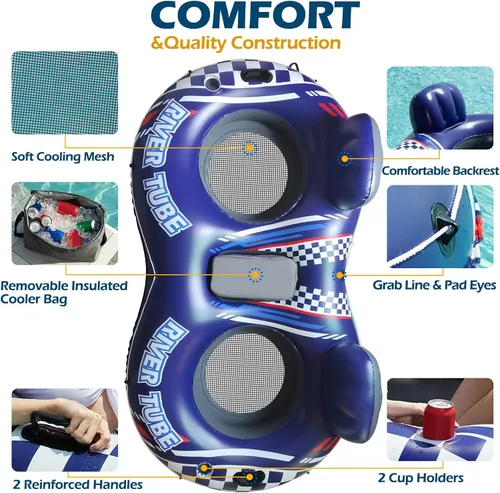 Vista 7 de Jasonwell Flotador Inflable de Tubo de Río - Flotador de Río Resistente para 2 Personas Flotadores de Piscina con Enfriador Removible Tubos de Agua