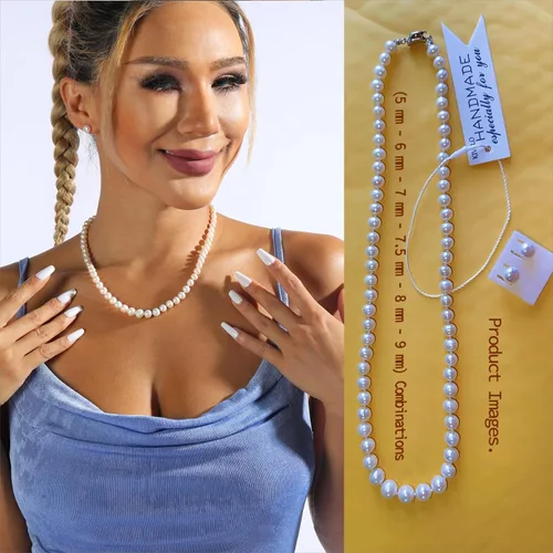 Vista 7 de Juego de collar y aretes de perlas, collar de perlas reales, conjuntos de joyas para mujer 18 a 19 pulgadas AAAACollar de perlas de agua dulce