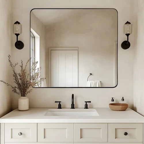 Vista 37 de ANDY STAR Espejo de pared cuadrado para baño, espejo de baño negro mate de 24 x 24 pulgadas, espejo de metal de esquina redondeada en marco de acero