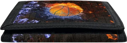Vista 5 de Cartera de lona con estampado de moda para adolescentes, niños y niñas, billetera delgada RFID triple para viajes y escuela, Basketball