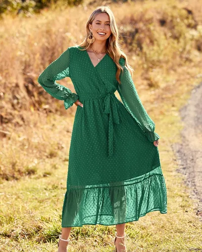 Vista 3 de BTFBM - Vestidos informales para mujer de manga larga, cruzado con cuello en V, estampado floral, estilo bohemio, acampanado y plisado, vestido midi