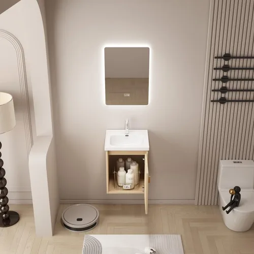 Vista 7 de Tocador de baño pequeño de 16 pulgadas montado en la pared, tocador de baño pequeño con fregadero de cerámica, tocador de baño moderno con cajones