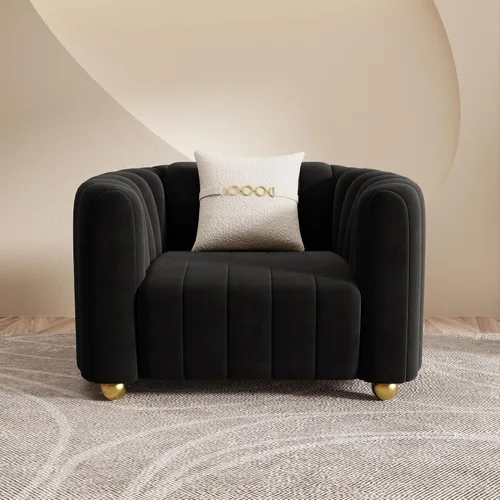 Vista 4 de Moderno sofá de terciopelo negro para sala de estar, sofá individual de 42 pulgadas con patas de esfera de metal dorado (negro 1S)