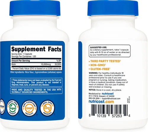 Vista 4 de Nutricost Biotina (vitamina B7) 10,000mcg (10mg), 120 cápsulas, sin gluten