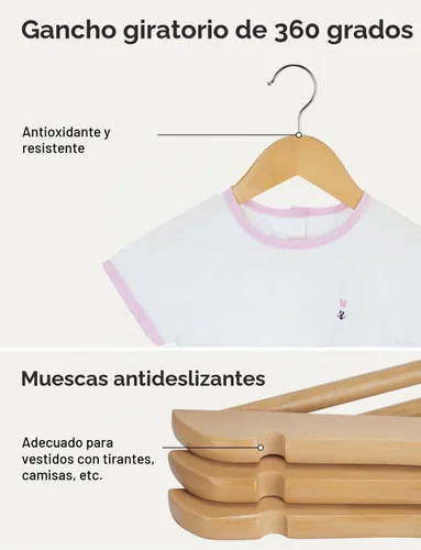 Vista 5 de StorageWorks Perchas para bebé, paquete de 20 unidades, organizador de ropa de madera de arce para niños, colgador de madera con barra para Beige