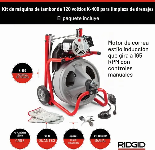 Vista 6 de RIDGID 26998 Modelo K-400 Kit de Máquina de Tambor de Limpieza de Drenaje de 120 Voltios con Cable C-45IW de 1/2" x 75', Blanco, Negro, Rojo