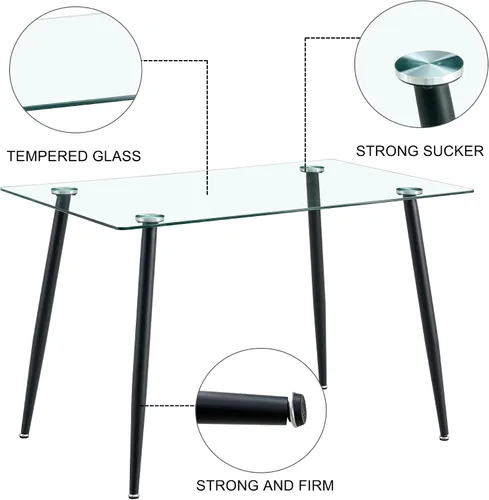 Vista 4 de Baysitone Juego de mesa de comedor de cristal de 51 pulgadas para 4, juego de 5 piezas de comedor moderno, mesa de cocina rectangular de vidrio
