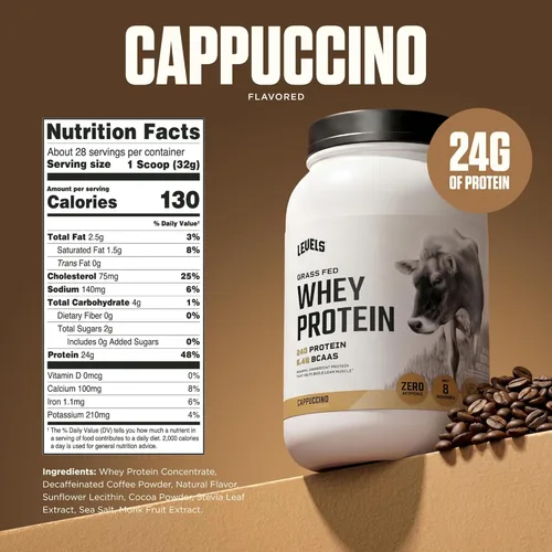Vista 3 de Levels Proteína de Suero Alimentada con Pasto en Polvo, Sin Artificiales, 24G de Proteína, Cappuccino, 2LB