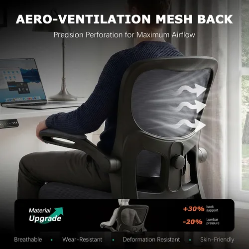 Vista 4 de Silla de oficina ergonómica, cómoda silla de escritorio con soporte lumbar ajustable, silla de computadora de malla con ruedas, reposabrazos